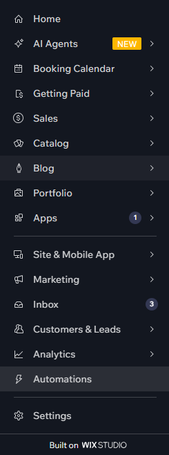 Wix dashboard menu highlighting the automations tab