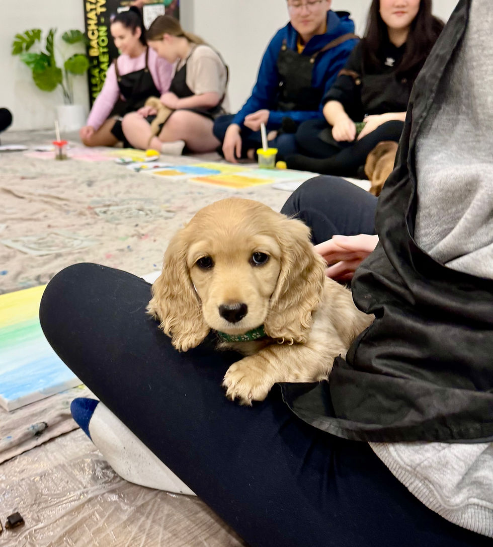 Two young woman celebrating a hens party event whilst holding puppies and heart painting canvases