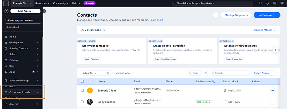 CRM dashboard displaying contact management options. Sidebar on the left, "Contacts" section lists two members with emails and statuses.