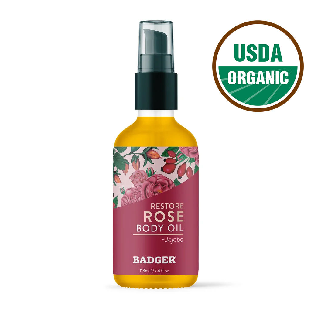 Badger Organic Rose Body Oil with Jojoba 118ml bottle and USDA Organic seal