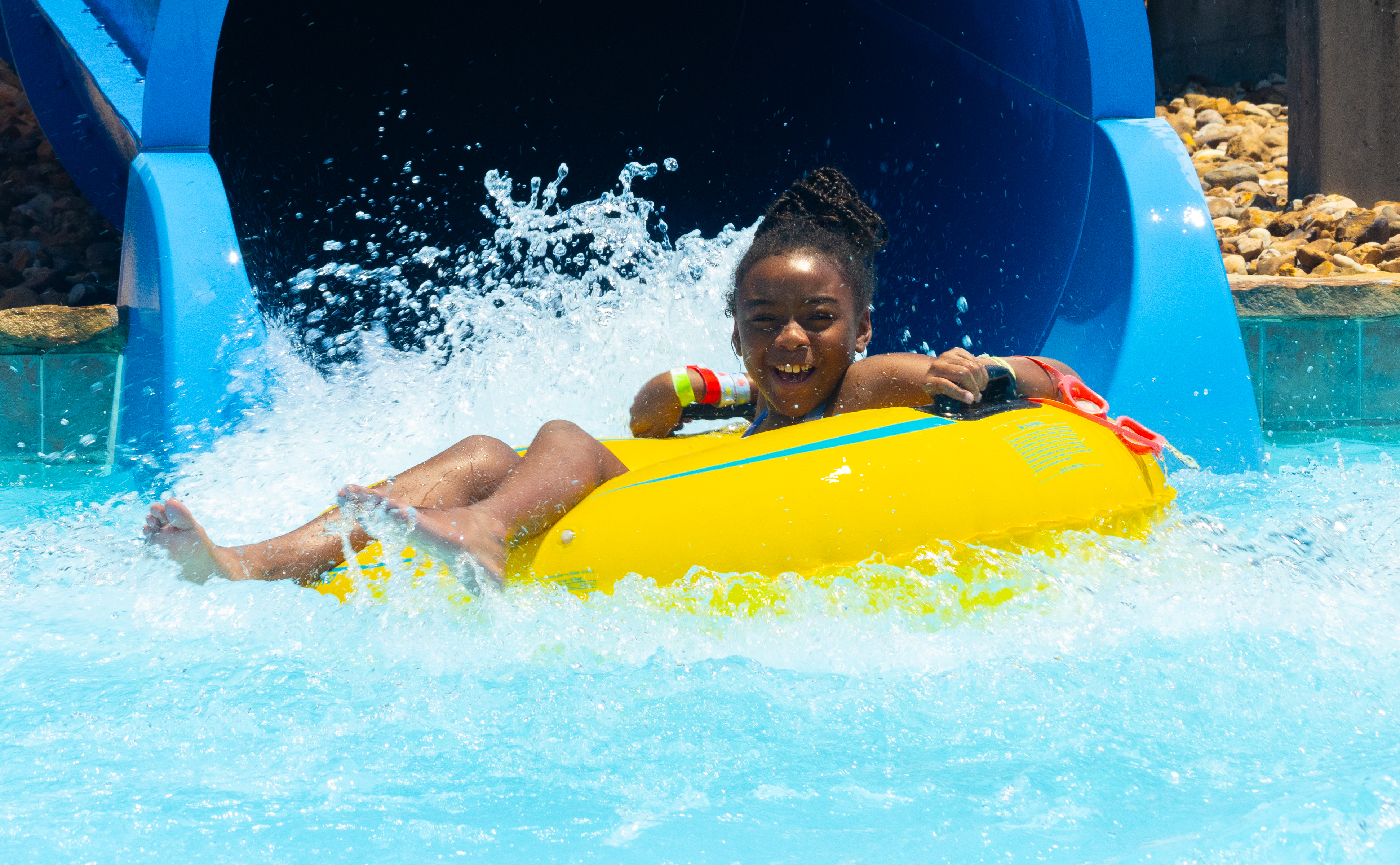 Water slides and splash zones at Denton Water Works Park water park