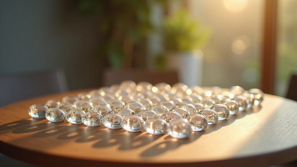 Eye-level view of a serene crystal grid arranged on a wooden table