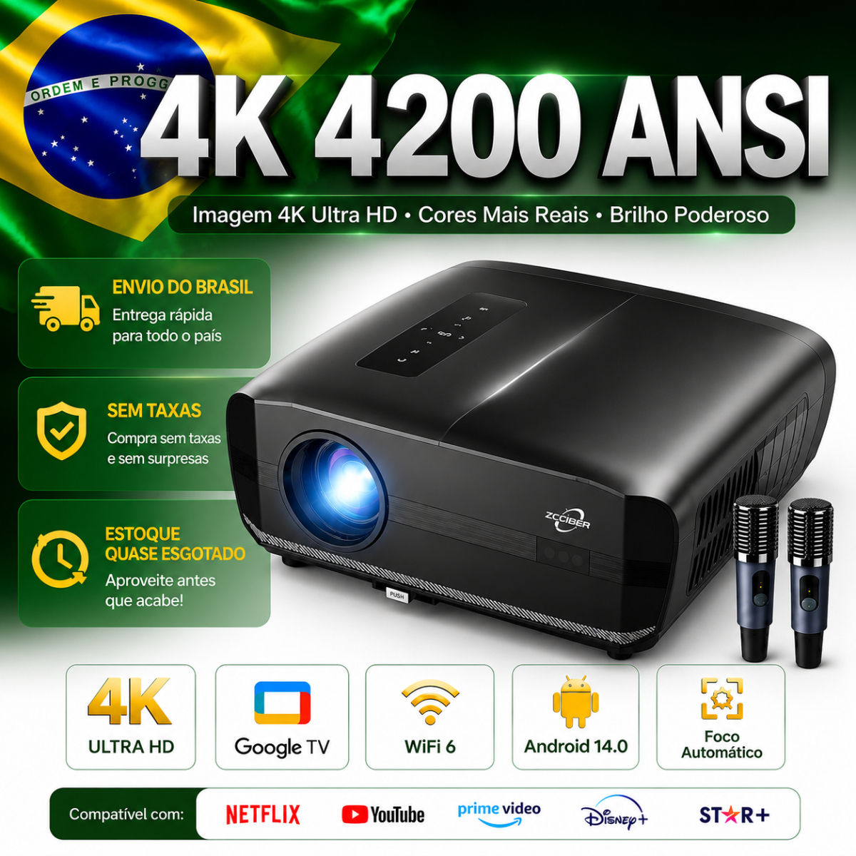 New 4K Projector 4200 ANSI Google TV Android 14 Smart Bluetooth 2.4G+5G WiFi6 Au