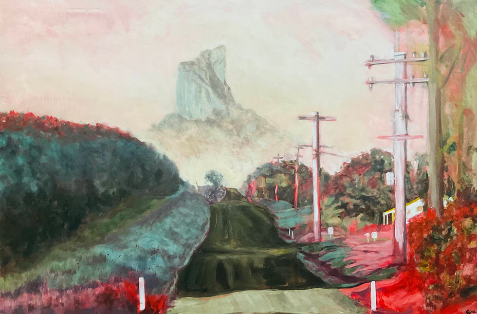 "Glasshouse Mountains” dreamtime queensland “winding road” red powerful mystery Coonowrin Beerwah “contemporary landscape"