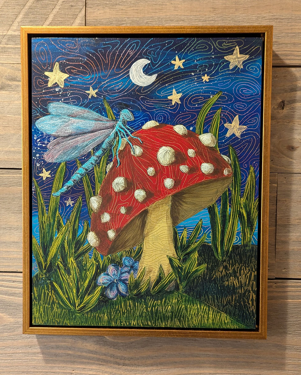 Hand‑painted mushroom art with a dragonfly on top, framed with a celestial night sky background