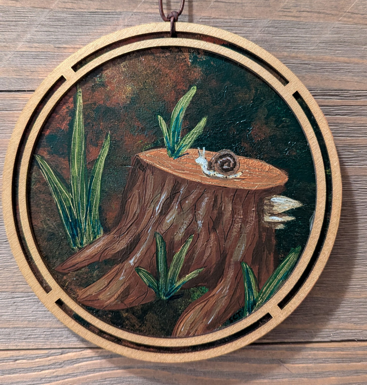 cottagecore woodland painting snail on tree stump
