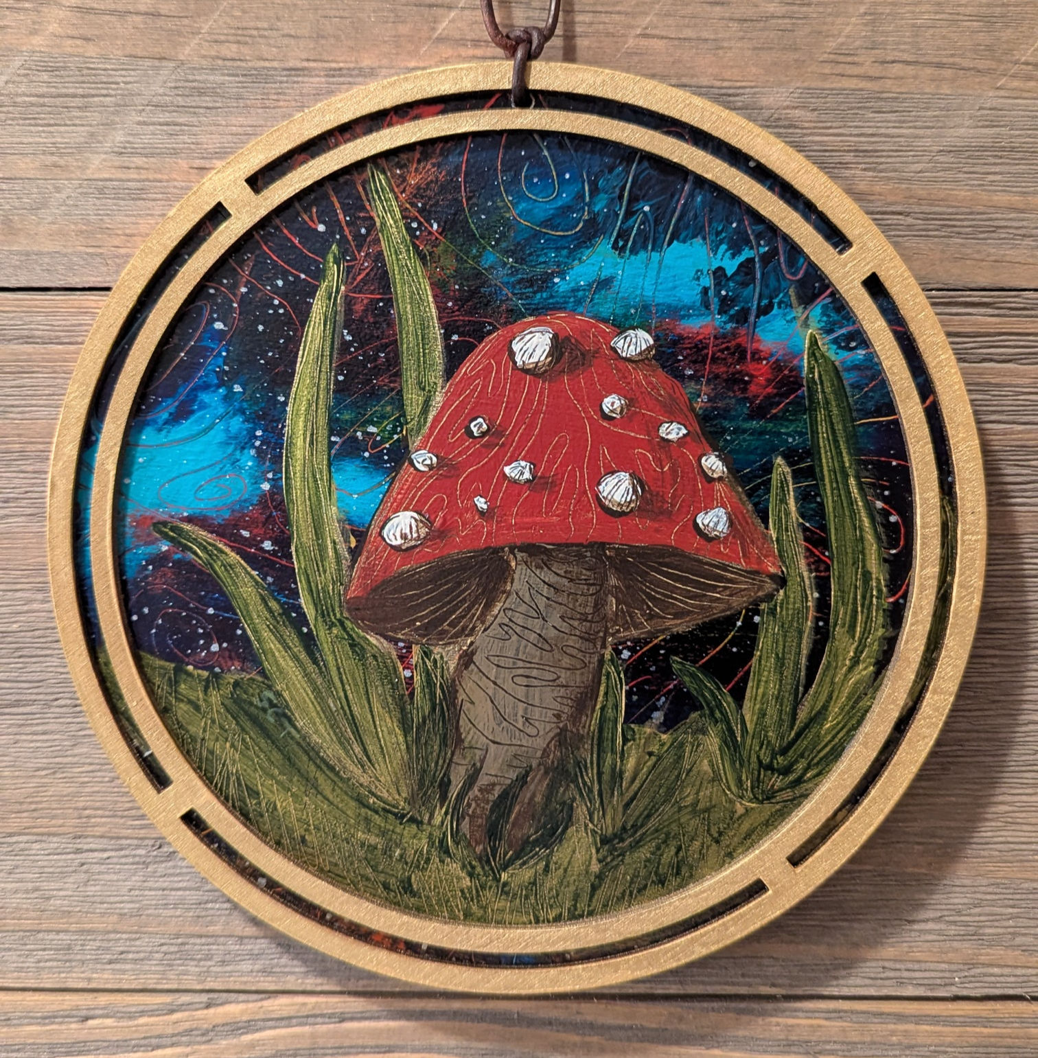 Hand‑painted mushroom art with a cosmic night sky background