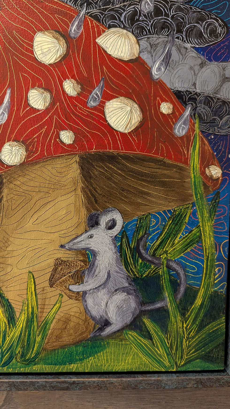 Thumbnail: Hand‑painted mushroom art with two mice sheltering under a red mushroom in a rainy night scene