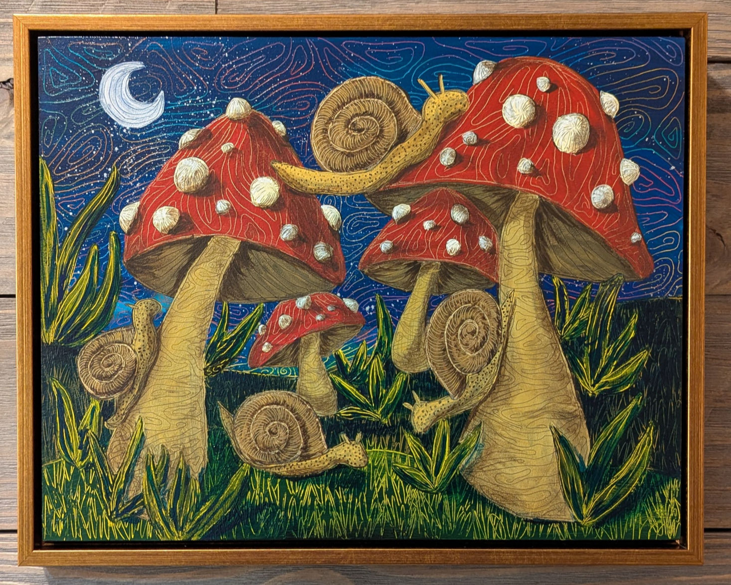 cottagecore painting of snails on mushrooms