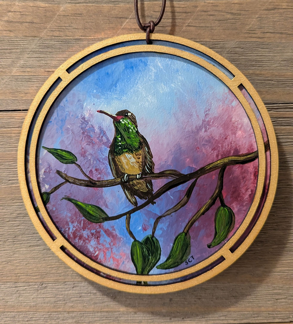 colorful hummingbird perched on branch painting
