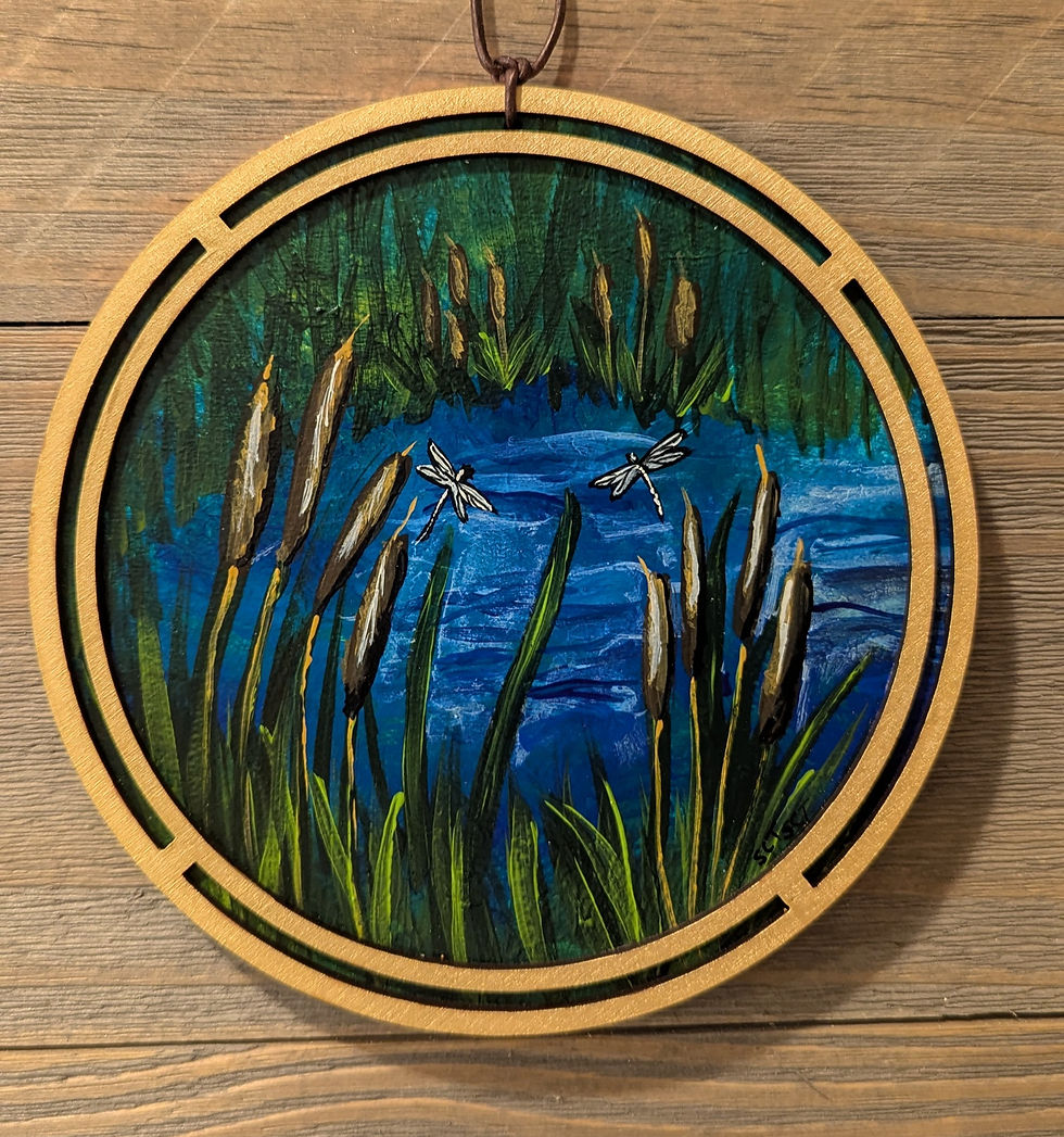 Hand‑painted dragonfly art with cattails, reeds, and a blue pond
