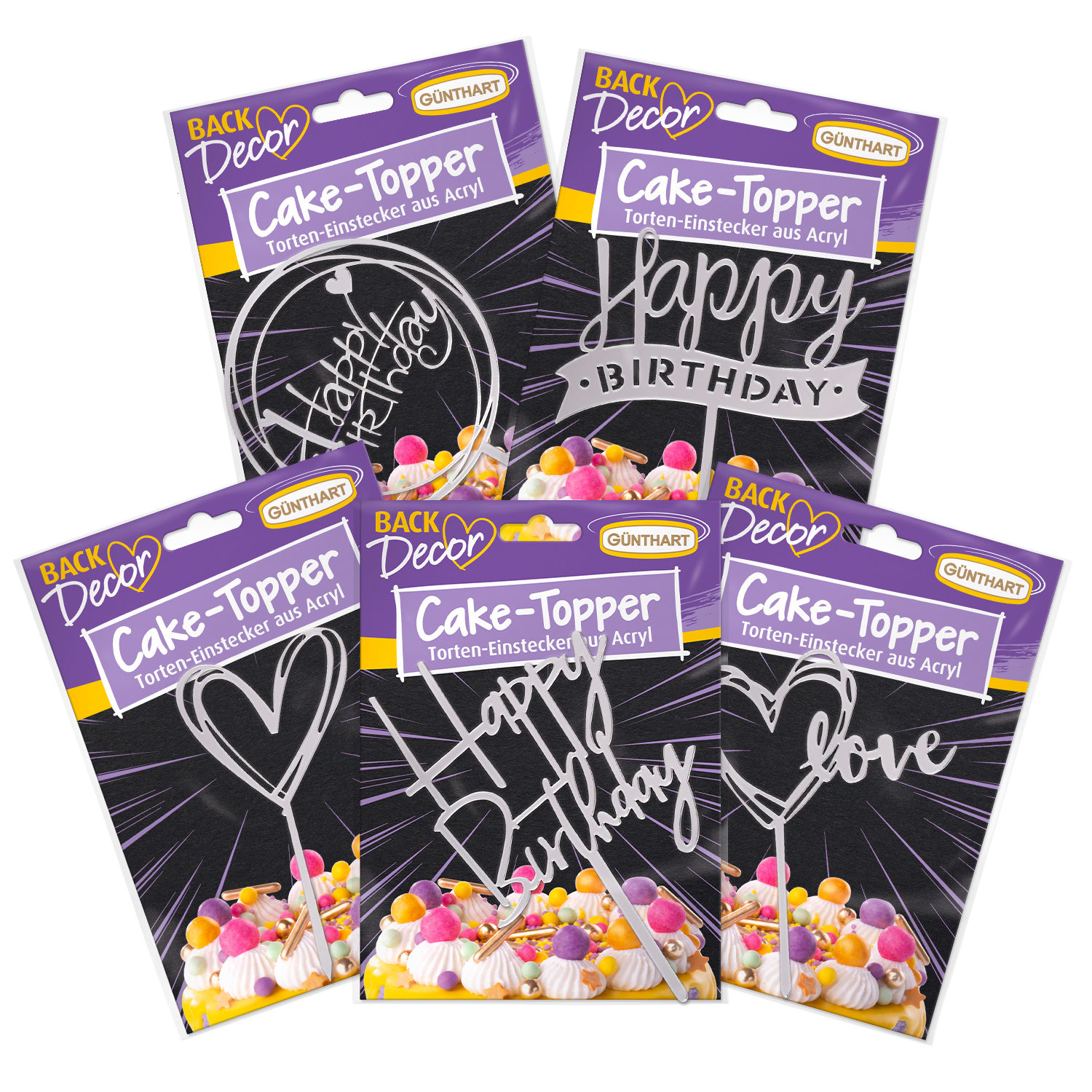 BackDecor Cake Topper 5er SET aus Acryl, SILBER, gemischt