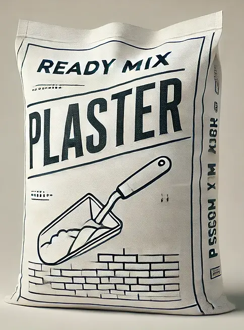 DALL·E 2025-01-10 12.05.07 - A white industrial sack bag with 'Ready Mix Plaster' written