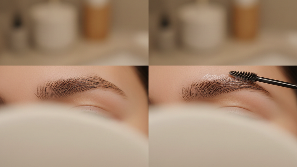 Eye-level view of a brow gel being applied to natural eyebrows