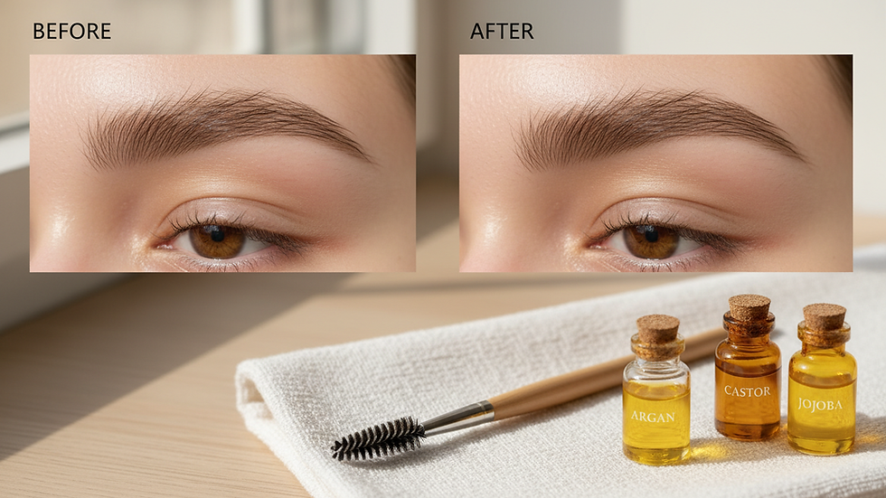 Eye-level view of a clean spoolie brush resting on a white towel next to natural oils