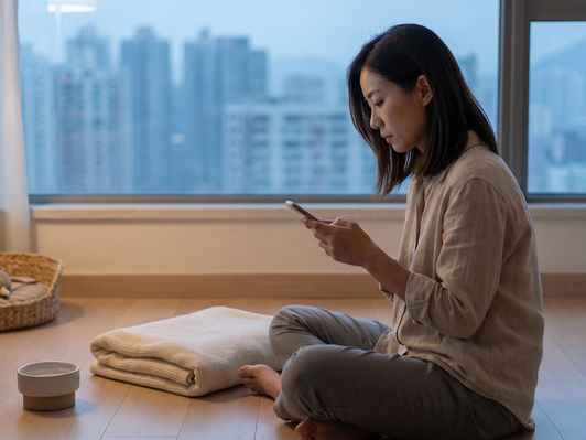 毛孩凌晨離世後,主人在家中用手機聯絡寵物善終服務的情境