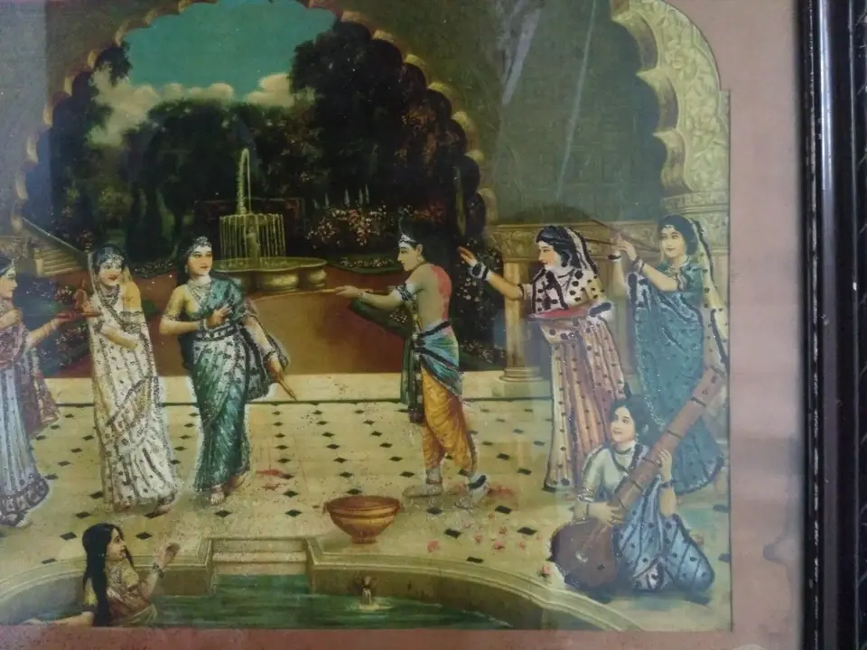 Thumbnail: VIN 1930 EMBELLISHED OLEOGRAPH KRISHNA HOLI GOPIES LITHO PRINT VASUDEV H PANDYA