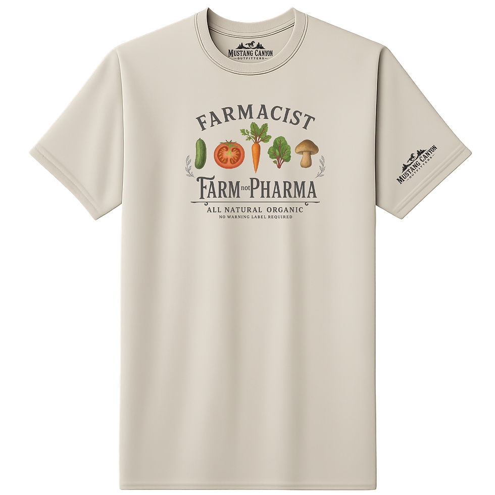 Pink Farmacist t-shirt for women, 'Farm-Pharma' with vegetables