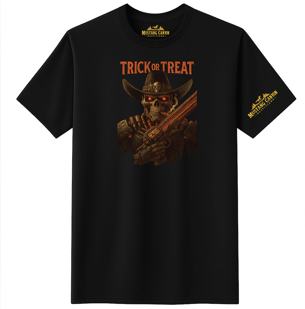 Black t-shirt featuring a glowing-eyed cowboy skull wearing a hat and holding a weapon, with “Trick or Treat” text above, Ame