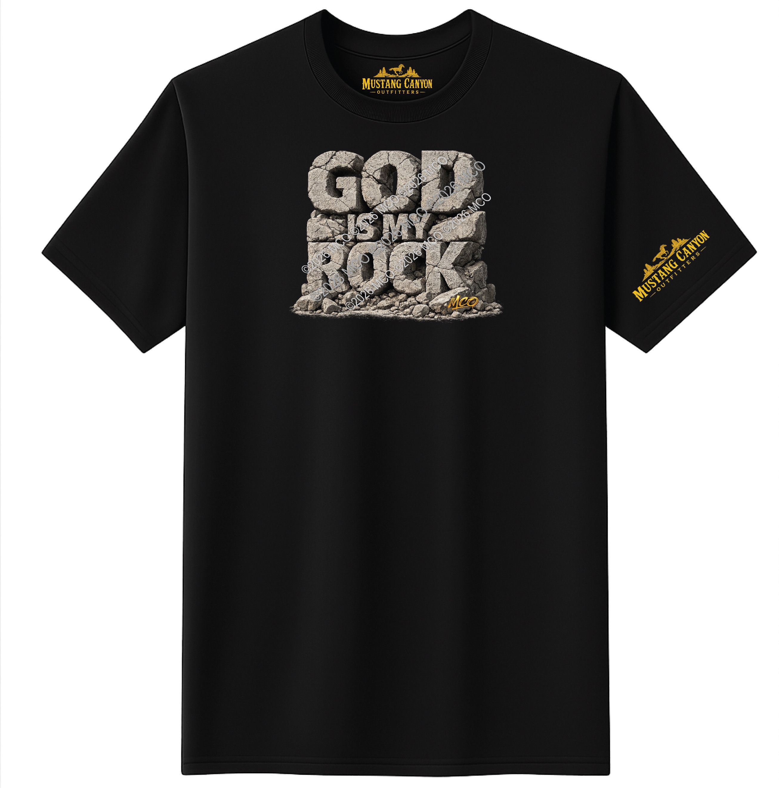 Black shirt with cement caption God Is My Rock