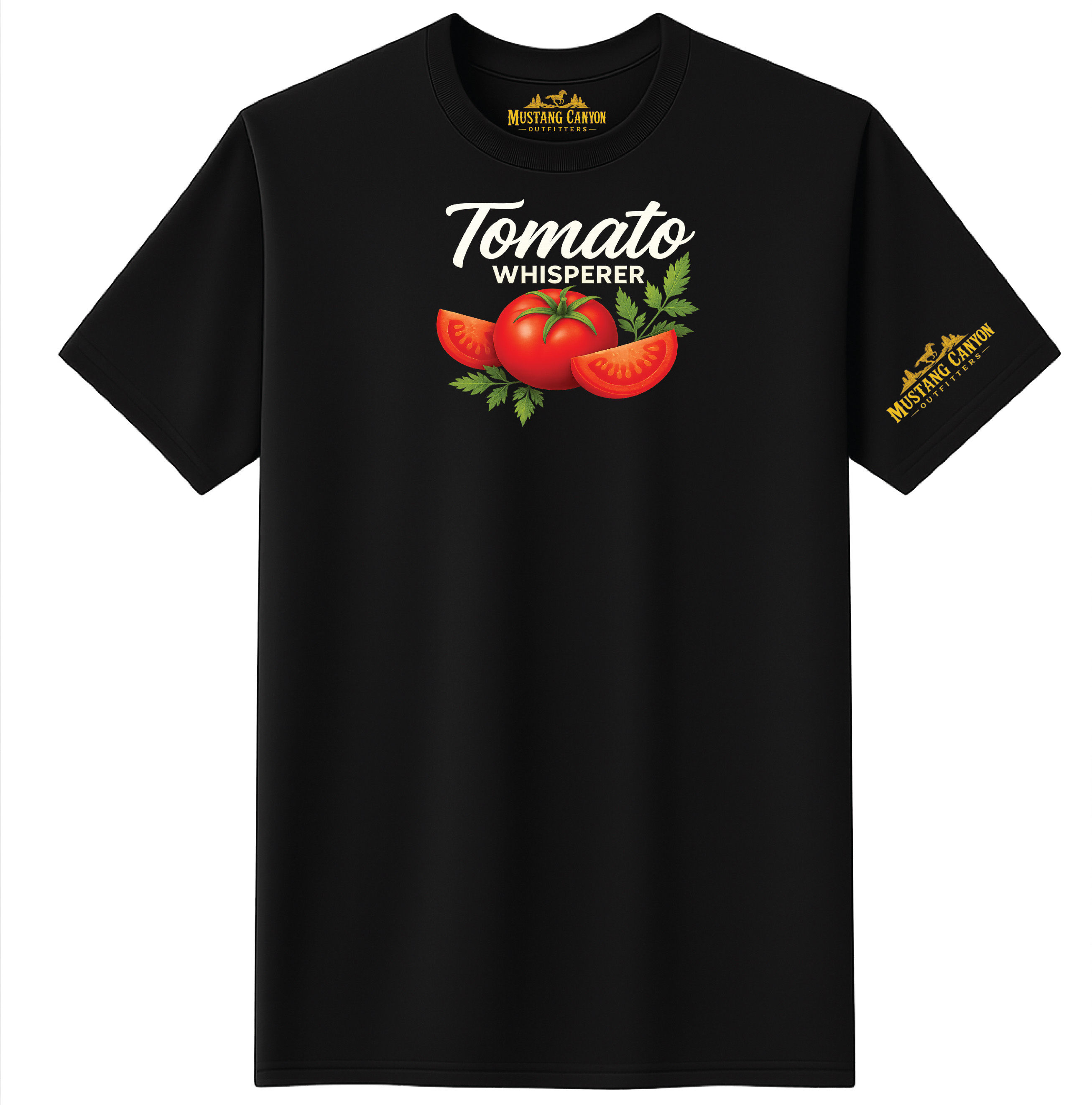 "Tomato Whisperer" gardening t-shirt with tomato graphic
