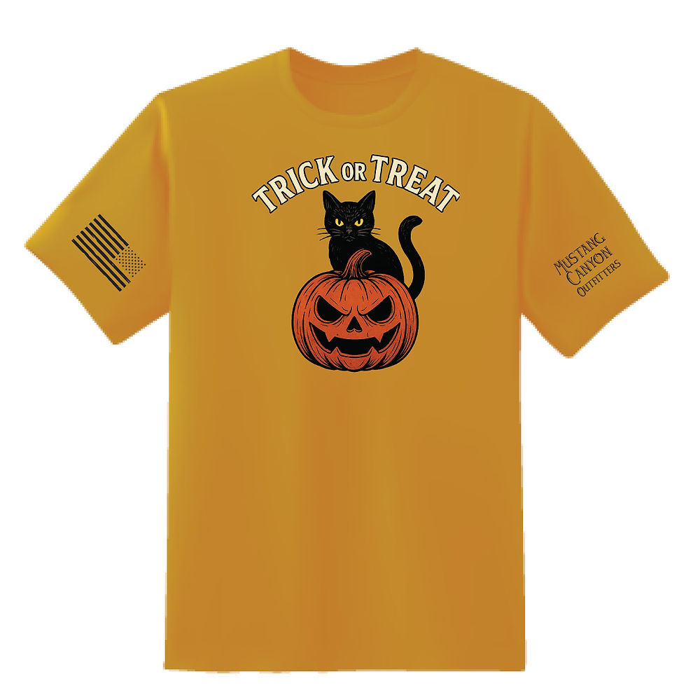 Mustard yellow Halloween t-shirt featuring a black cat sitting on a carved jack-o’-lantern pumpkin with “Trick or Treat” text