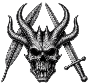Dark fantasy author logo artwork featuring skulls, a feather quill, and a sword representing the themes explored in Relic Reborn and the world of Azangrail.