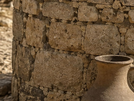 Ancient stone well and jars with a hand reaching into clear water, representing biblical stories of outsiders like the Samaritan woman and Naaman.