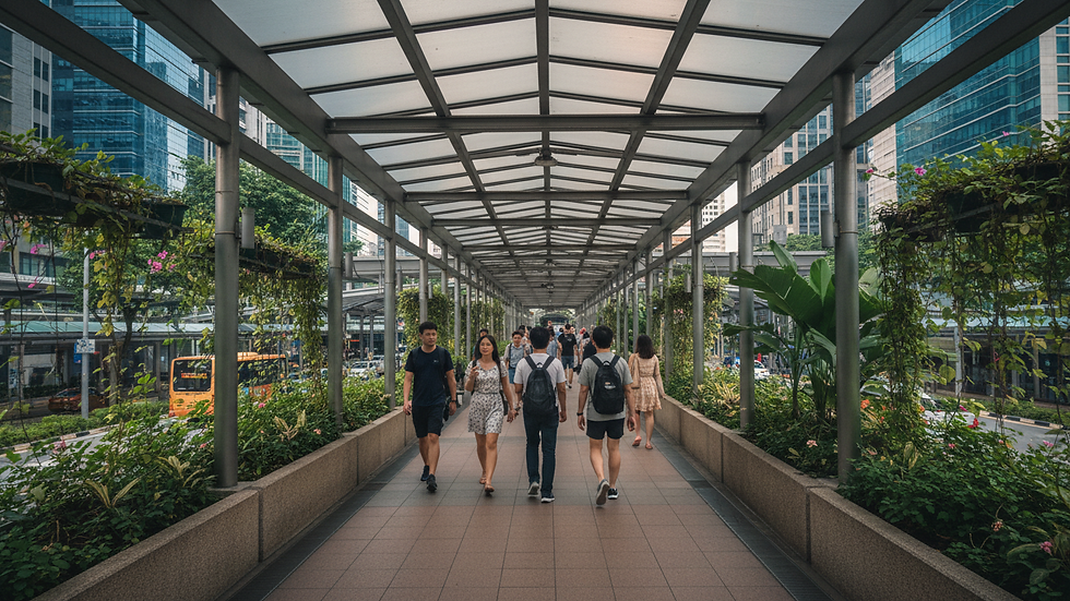 Wide-angle view of a shaded walkway along Shenton Way with casual pedestrians and greenery.