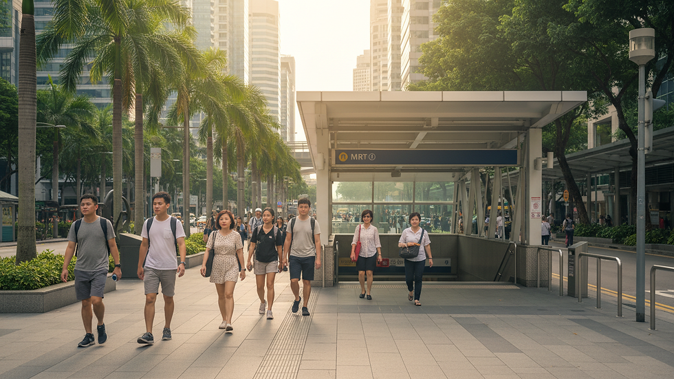 Eye-level view of an MRT entrance near Singapore's financial district with morning commuters in casual clothing.