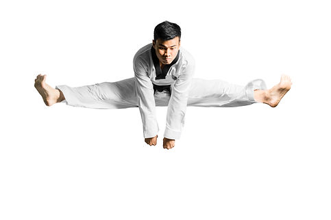 Portrait of an asian professional taekwondo black belt degree (Dan) jump. Isolated full le