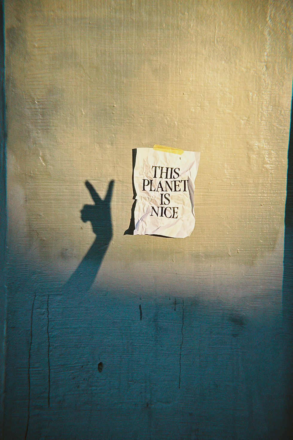 A piece of paper with the words "THIS PLANET IS NICE" stuck to the wall and the shadow of a hand making a peace sign.