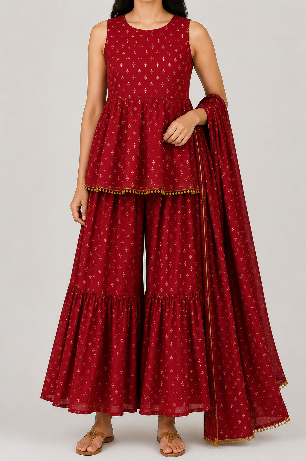 Maroon & Gold Peplum Sharara Co-Ord Set – Women’s Ethnic Wear | M