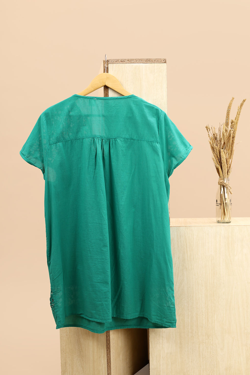 Thumbnail: Turquoise Blue Solid Lace Yoke Top(XXXL)