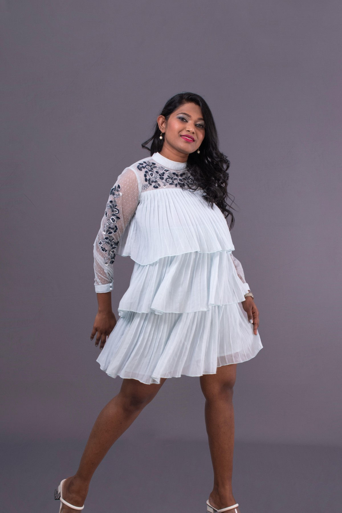 Anotah Polo Neck Full Sleeves Net Layered Dress (M)