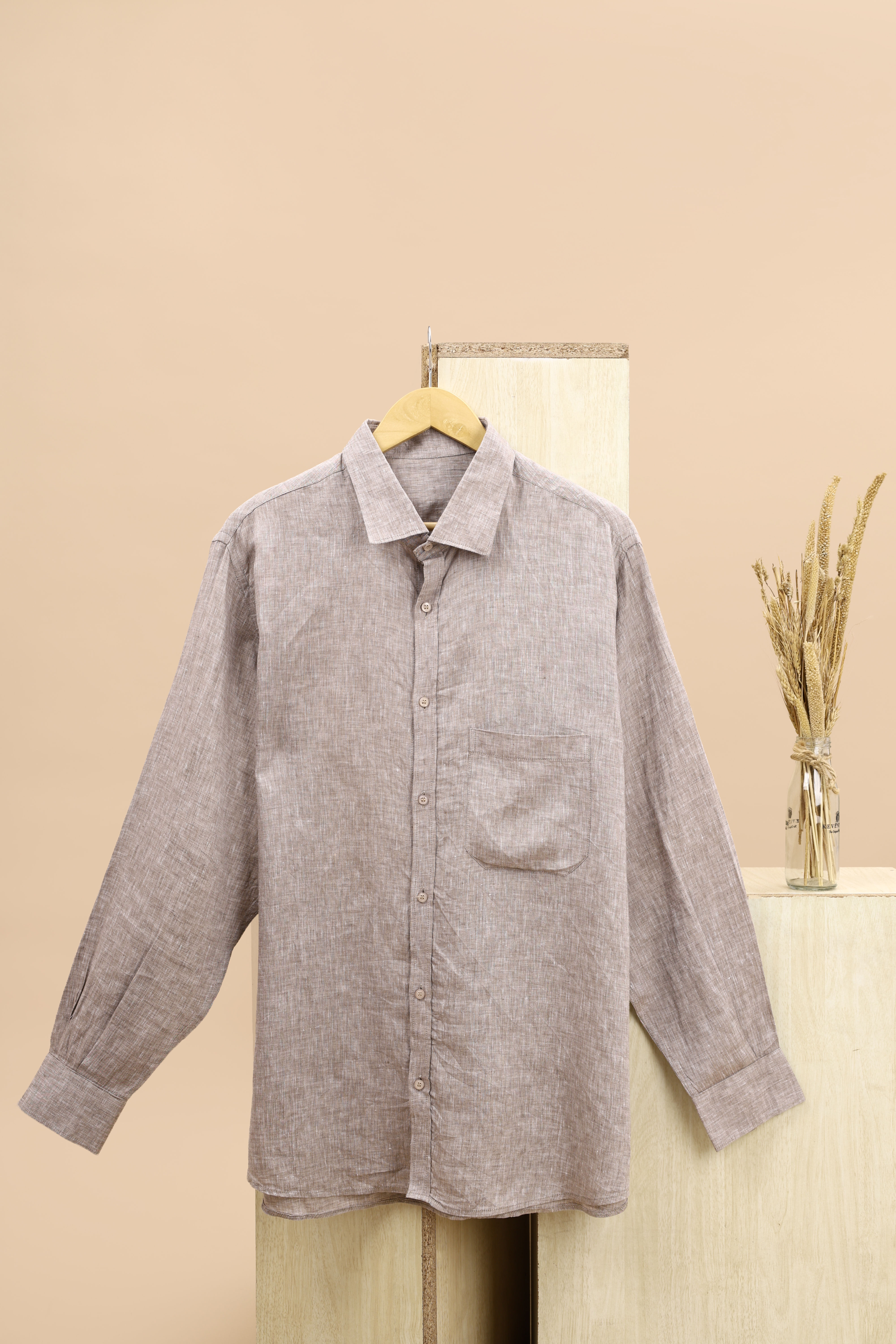 Stone Grey Solid Patch-Pocket Shirt(S)