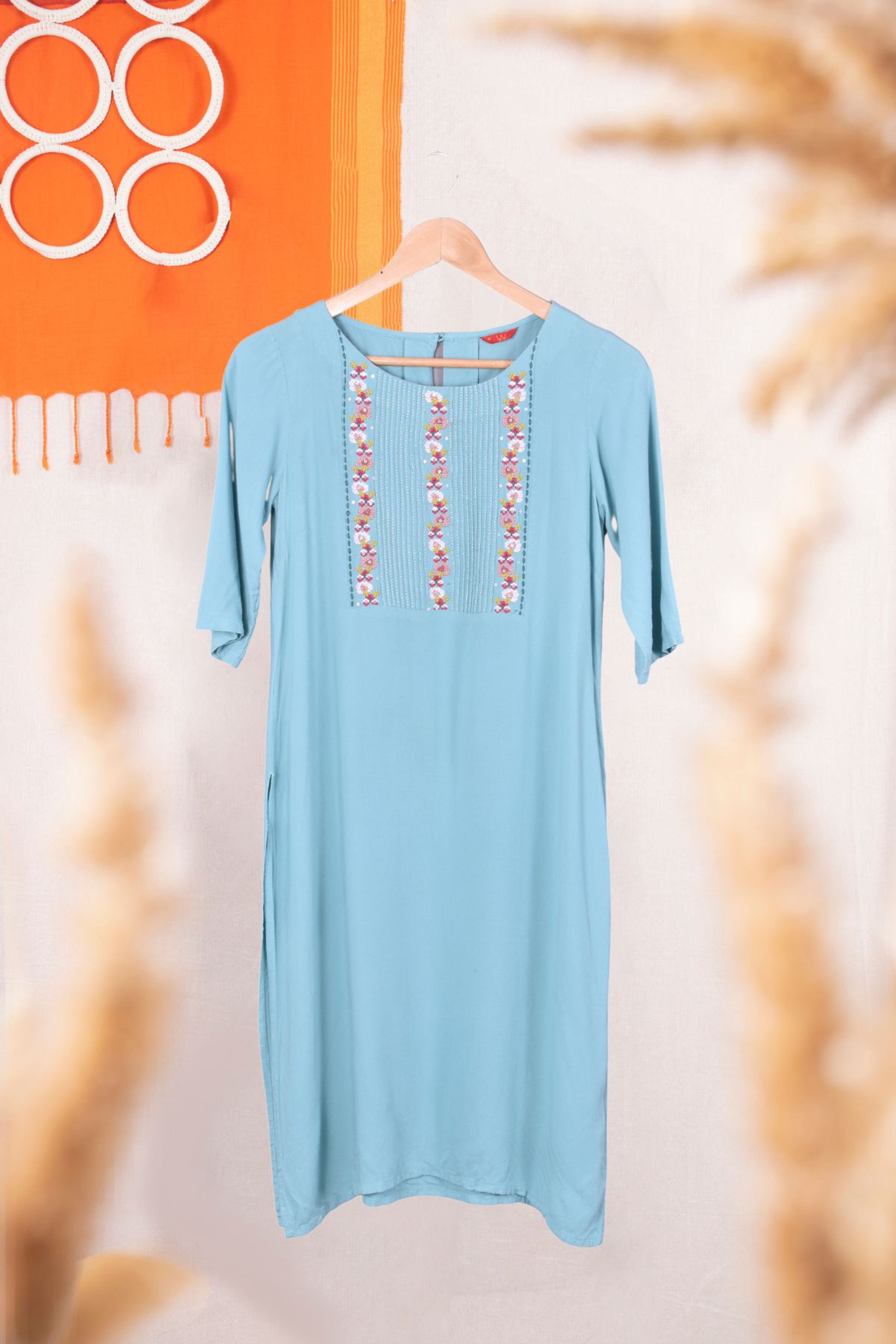W Powder Blue Emboidery York Design Kurta (L)
