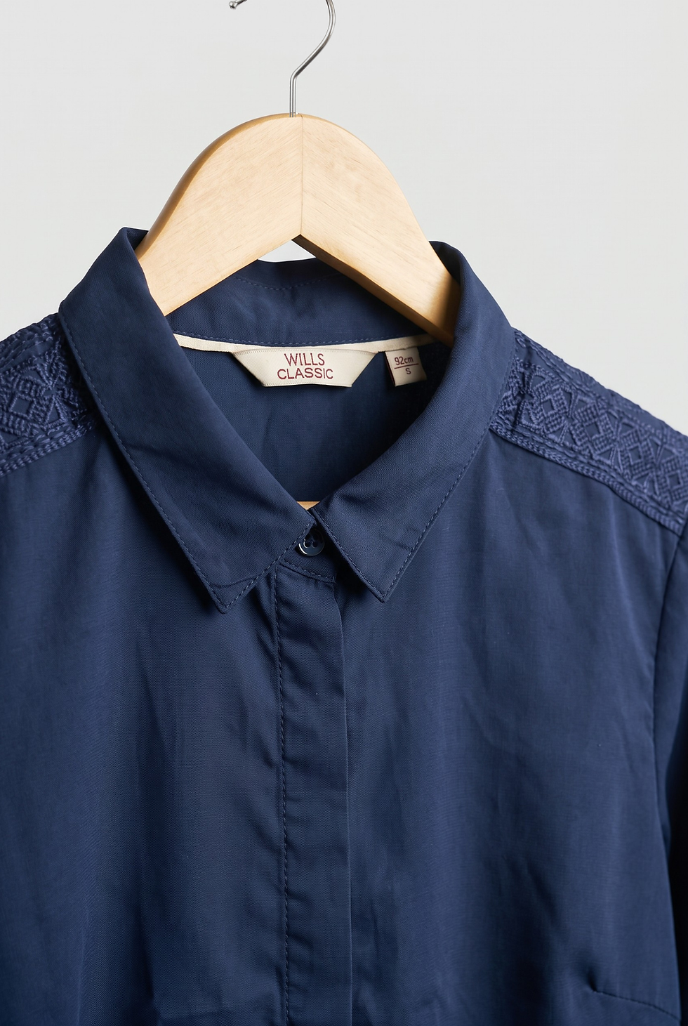 Thumbnail: WILLS CLASSIC Navy Blue Embroidered Blouse – Women’s Office Wear | M