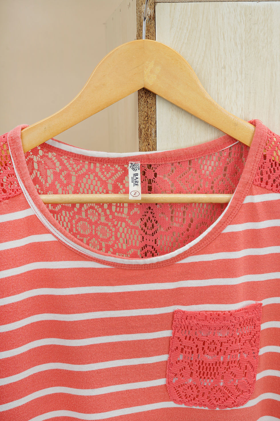 Thumbnail: BARE DENIM Dark Coral & White Striped T-shirt(M)