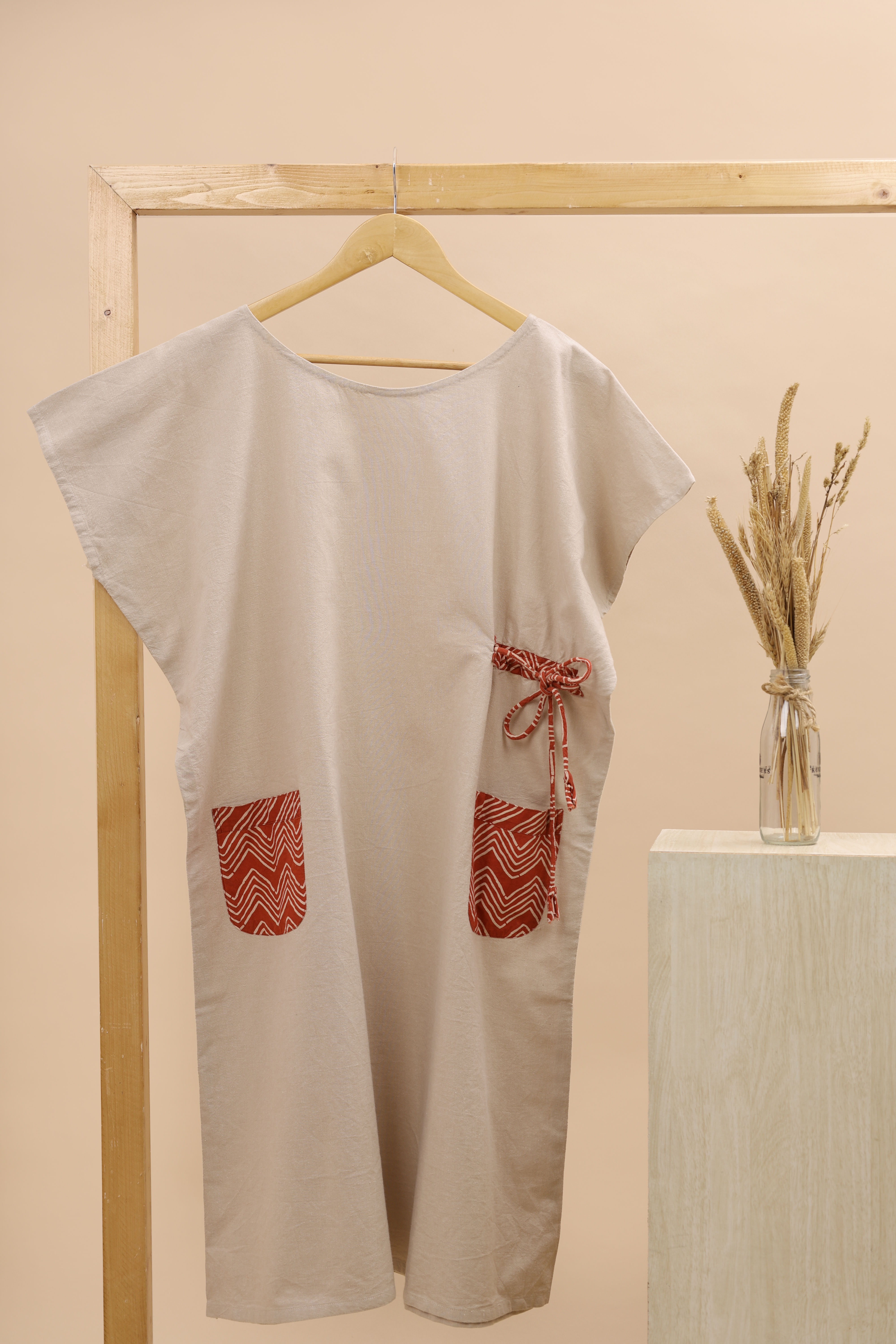 Beige & Orange Geometric Patch Pocket Dress(XXXL)