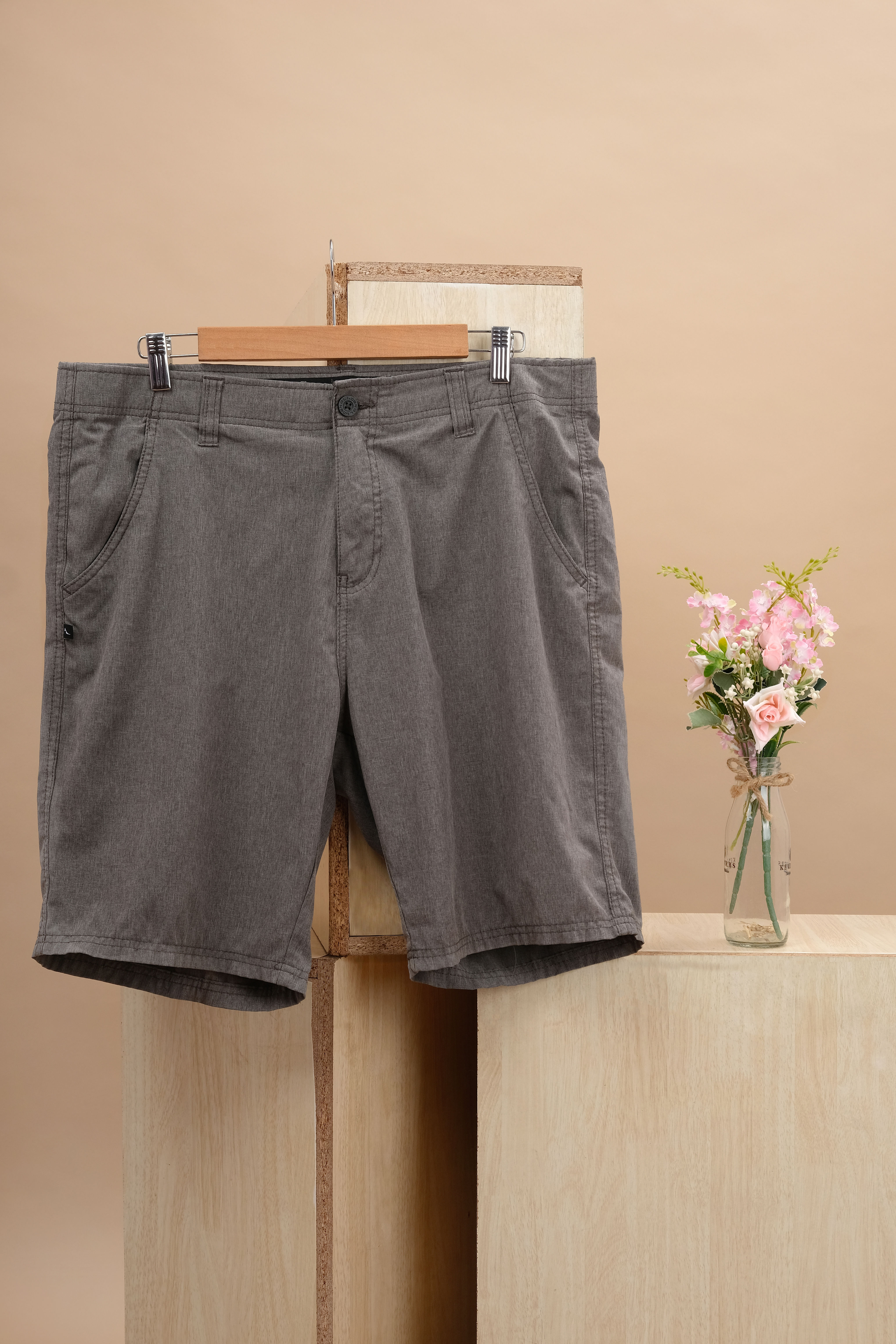 DENALI Stone Grey Solid Polyester Blend Shorts(M)