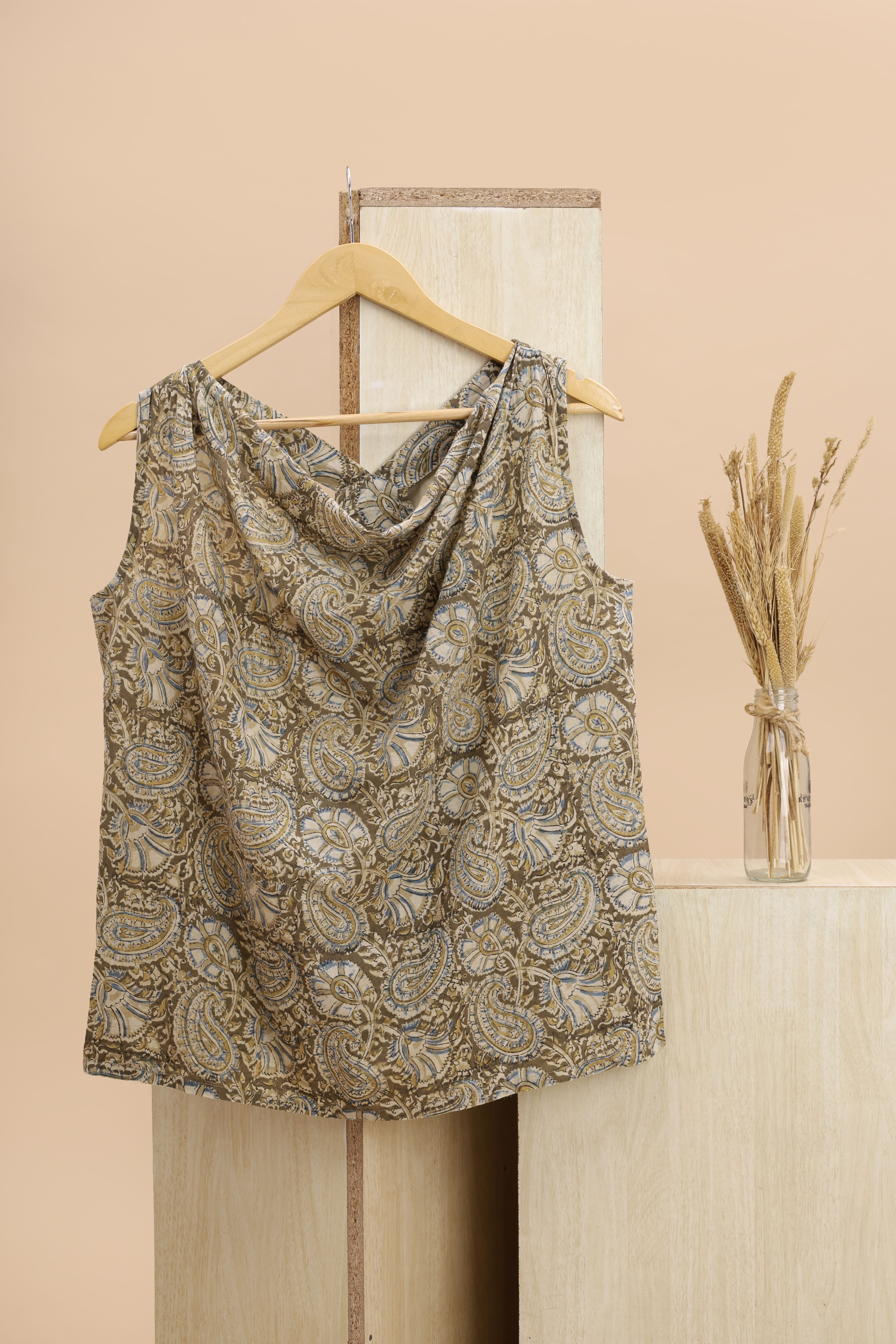 FAB INDIA Olive & Multi Paisley Cowl Neck Top(XXL)