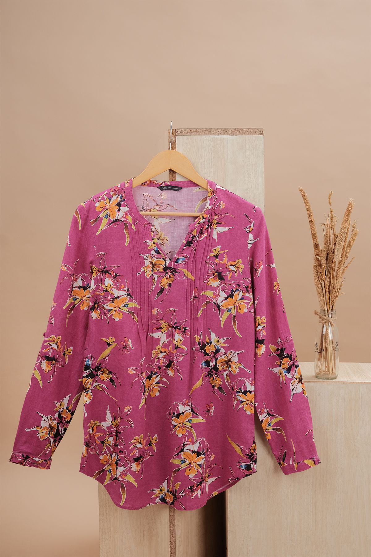 M&S Fuchsia Purple and Multi Printed Mandarin Collar Top(M)