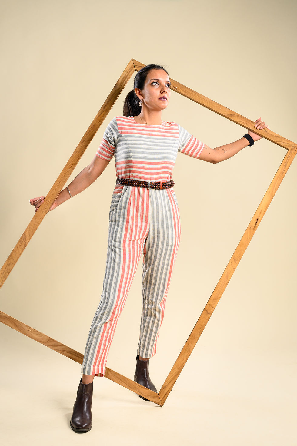 TAILORED Spiced Coral And Striped Jumpsuit with Pockets(S)
