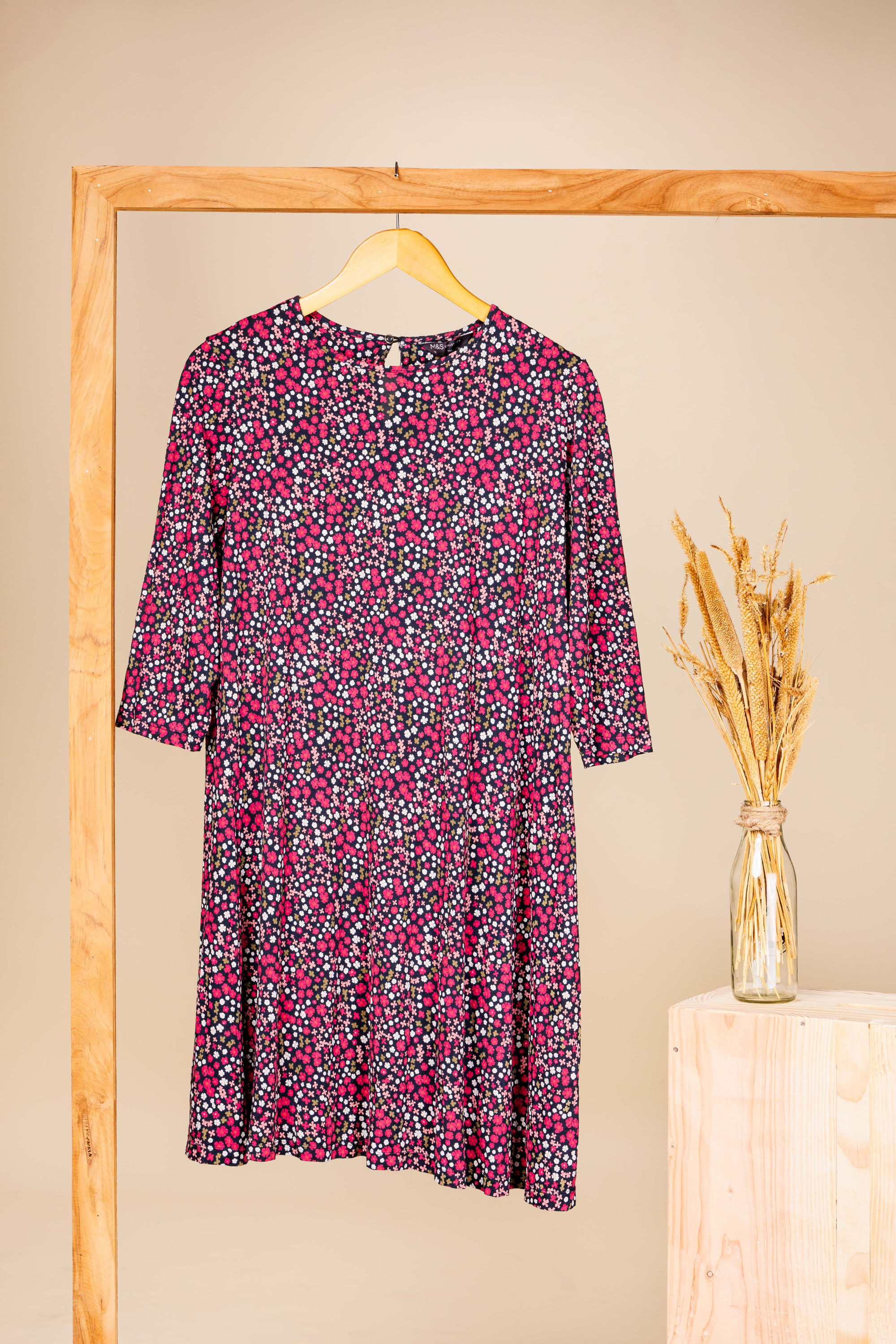 M&S: Elegant Pink & Navy Floral Printed Midi Dress(XXL)