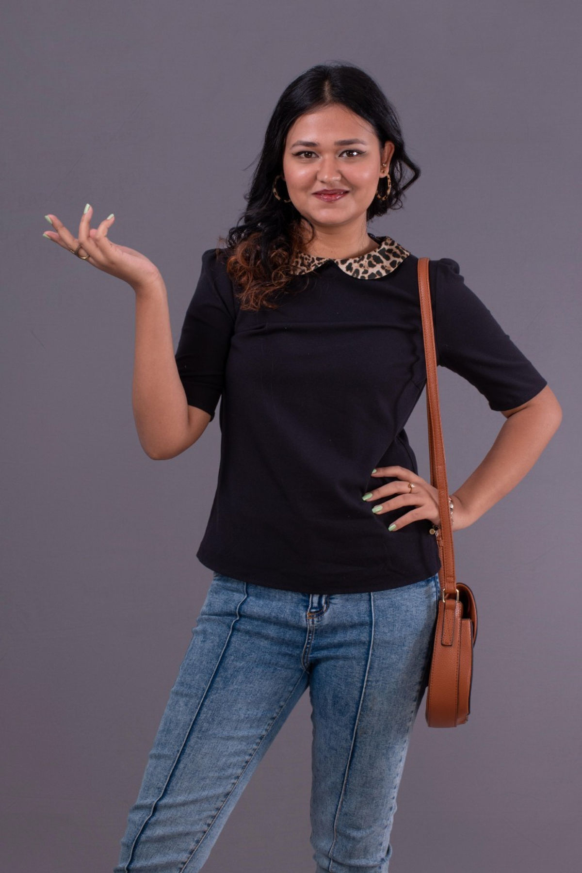 Zara Basics Black Animal Printed Collar with Behind Buttons (M)