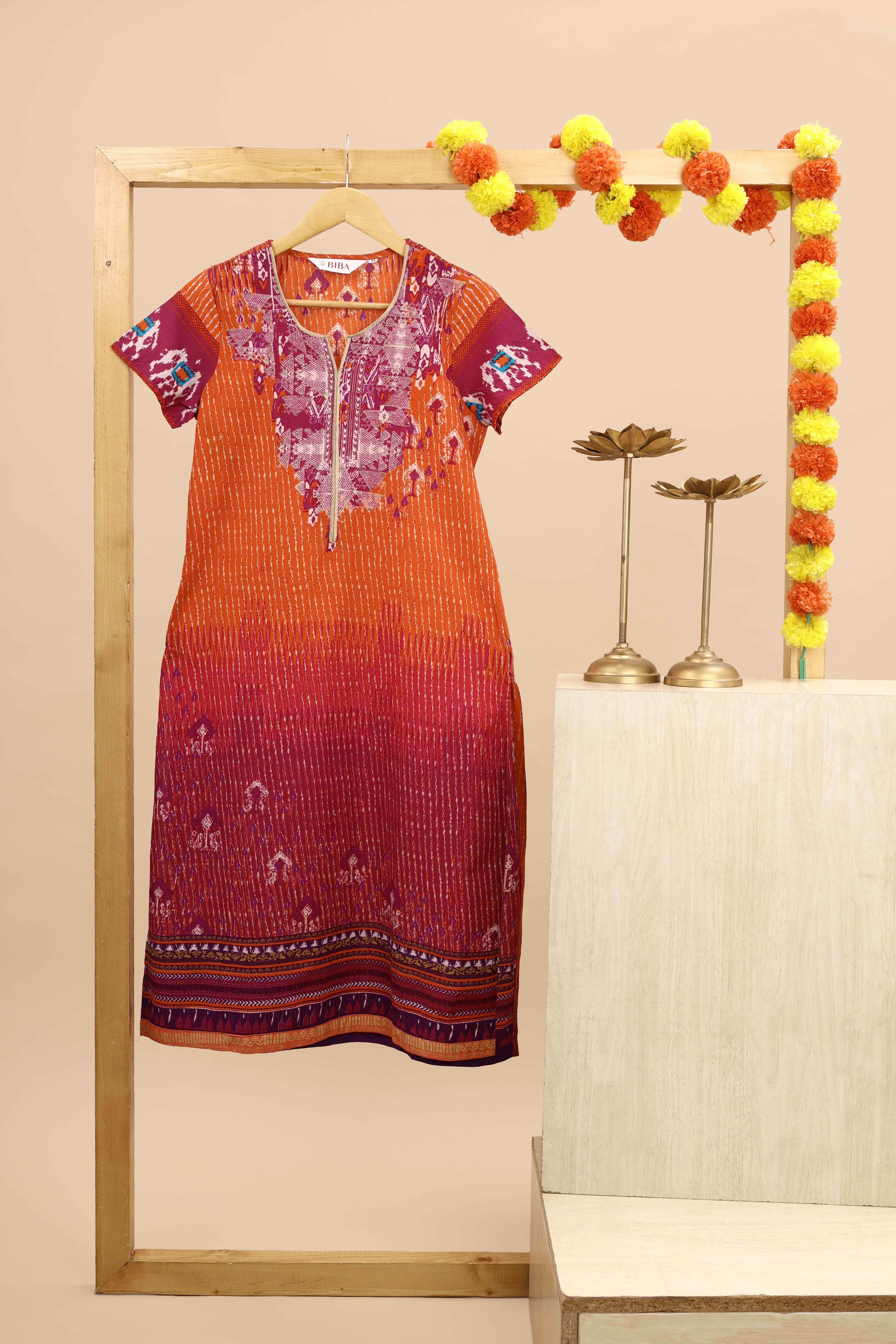 BIBA Orange & Multi Abstract Print Kurta(S)
