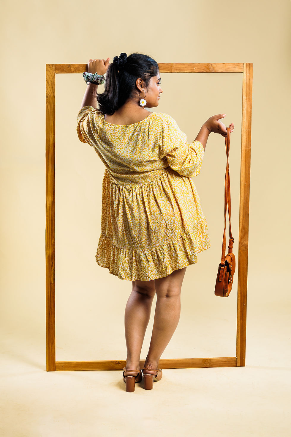 Thumbnail: BONMARCHE Mustard & White Dress with Gathers Below Waist (L)