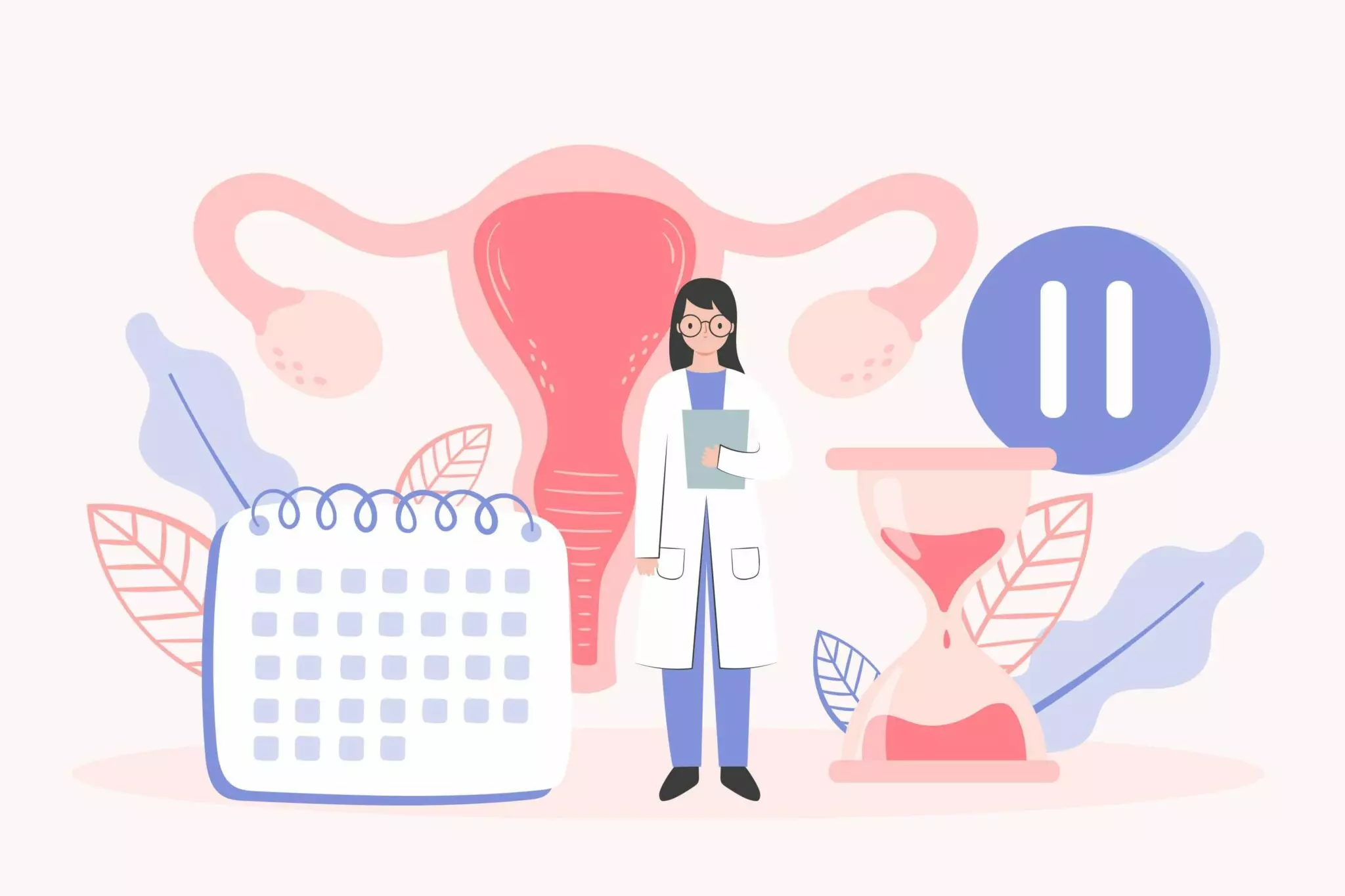 An illustration of a doctor standing in the foreground, surrounded by an illustrated calendar, hourglass, uterus, pause button, and stylized leaves.