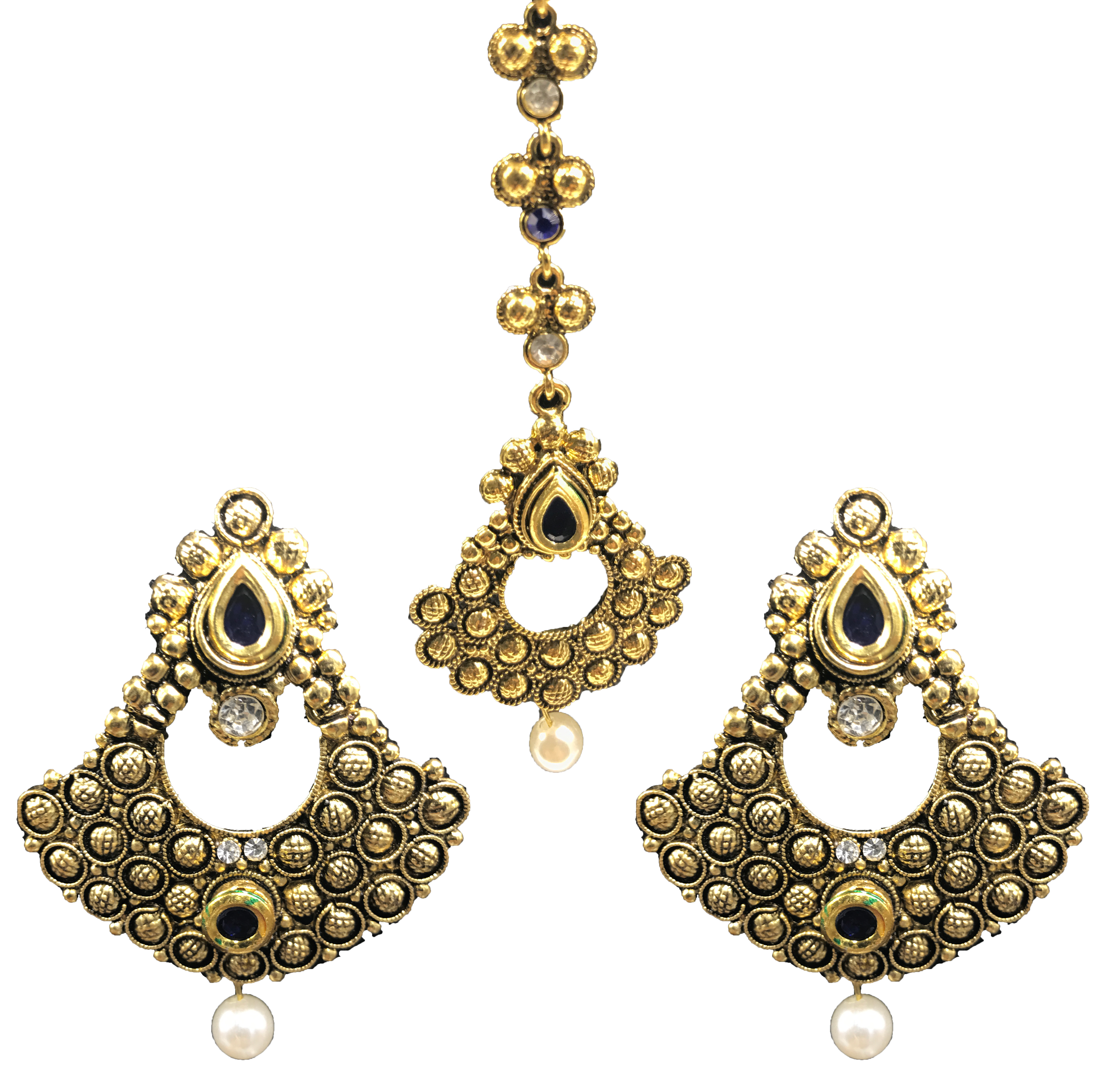 Gold Blue Earring Tikka Set